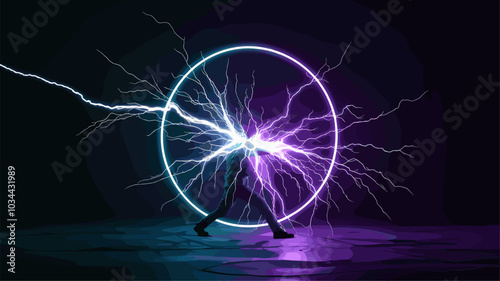 Realistic electric circle bolt lightning explosion. Magic thunder power effect in green and purple color. Pain shock fantasy 3d discharge element. Neon glowing laser electrical hit burst vector