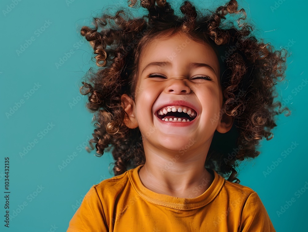 Joyful child with curly hair laughing against teal background