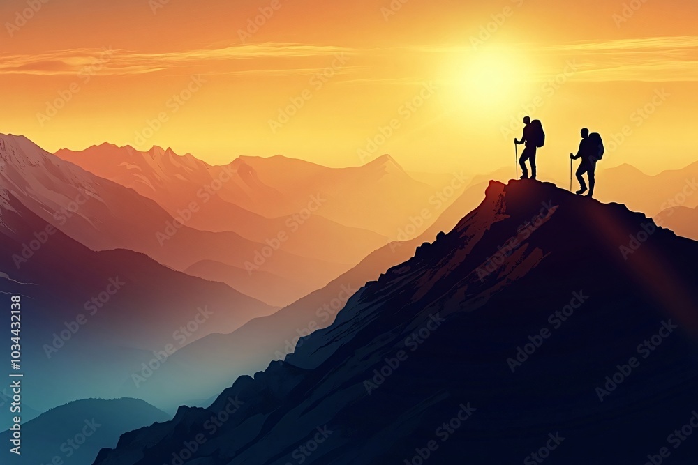 Fototapeta premium Two hikers are standing on the peak of a mountain enjoying the sunset over a mountain range. The image evokes a feeling of accomplishment, freedom, and the beauty of nature