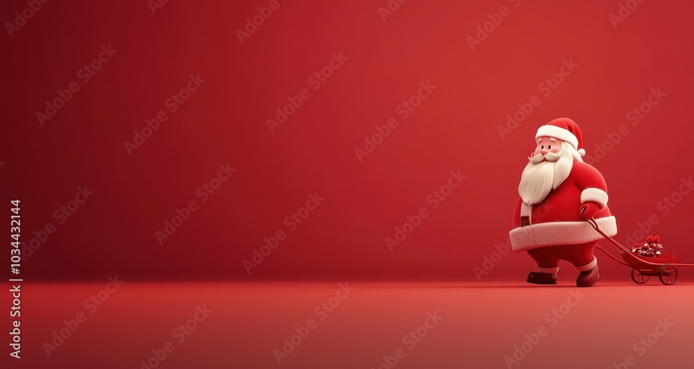 Fototapeta premium 3D animation of a cute Santa Claus pulling a sleigh with gifts on a simple red background