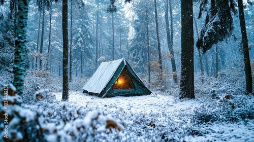 Bright yellow camping tent illuminated by golden sunset in snowy forest photo