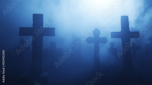 Haunting Gothic Halloween Cemetery: 3D Render with Eerie Fog and Ghostly Lights