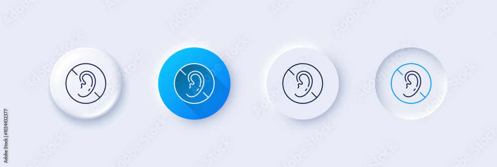 No hearing line icon. Neumorphic, Blue gradient, 3d pin buttons. Mute mic sign. Mute audio sound symbol. Line icons. Neumorphic buttons with outline signs. Vector No hearing line icon. Neumorphic, Blue gradient, 3d pin buttons. Mute mic sign. Mute audio sound symbol. Line icons. Neumorphic buttons with outline signs. Vector
