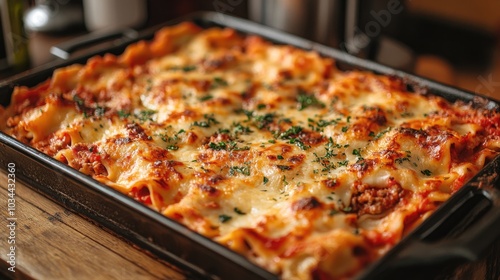 A close-up view of a mouthwatering baked lasagna featuring golden-brown, melted cheese topped with fresh herbs, creating an inviting and hearty meal experience.