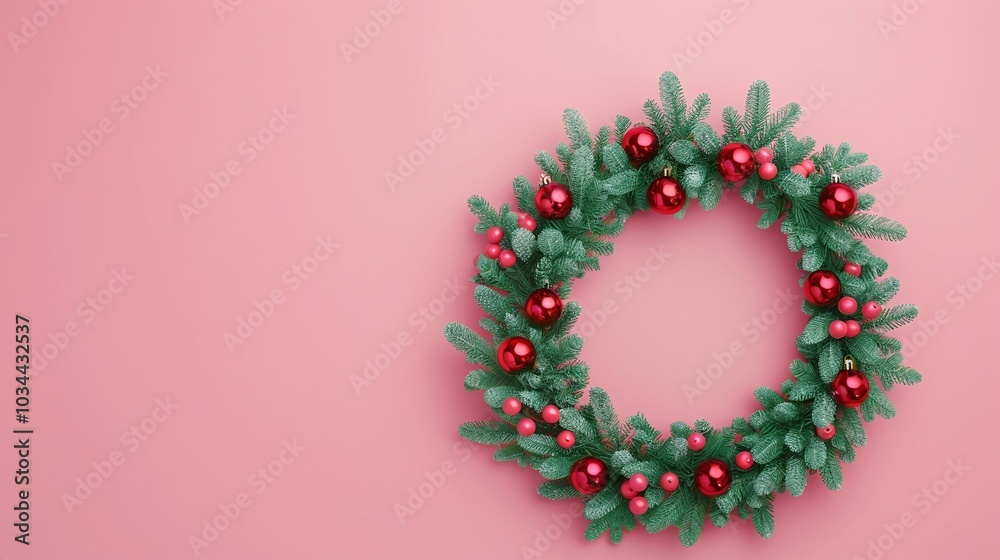 Festive Christmas wreath with red ornaments, green pine branches on pink background, minimalist holiday decor, vibrant design, copyspace for text, joyful and bright Christmas theme.
Festive Christmas wreath with red ornaments, green pine branches on pink background, minimalist holiday decor, vibrant design, copyspace for text, joyful and bright Christmas theme.