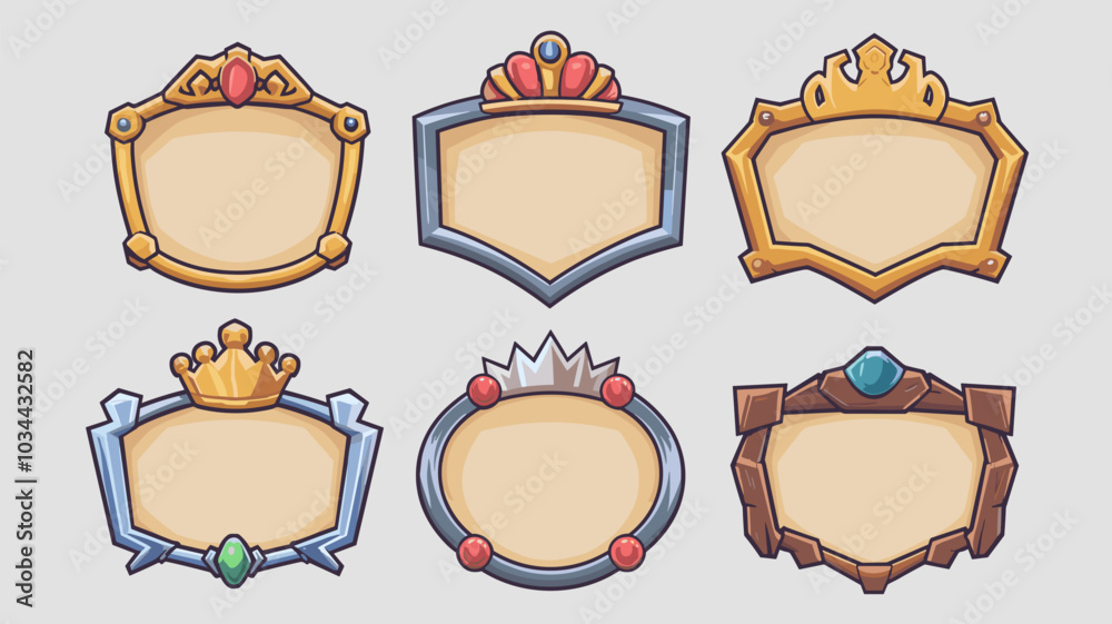 Fantasy frames with crown for user avatar in game interface. Vector cartoon set of gui elements, empty frames with royal tiaras and border with gold, silver, metal and wooden texture Fantasy frames with crown for user avatar in game interface. Vector cartoon set of gui elements, empty frames with royal tiaras and border with gold, silver, metal and wooden texture