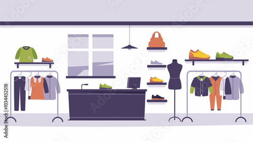 Fashion shop and cloth boutique interior vector. Store room design inside clipart isolated on white background. Commercial clothes showroom illustration with counter, bag, shoes and shirt to buy.