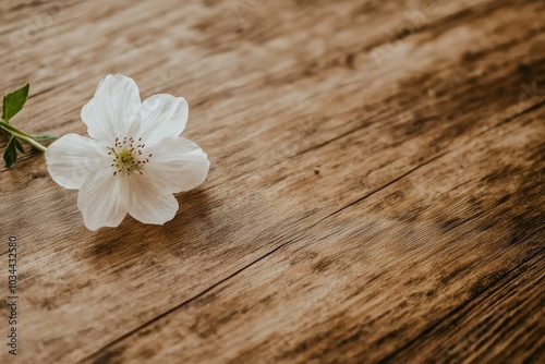 A Single White Flower on a Brown Wooden Surface