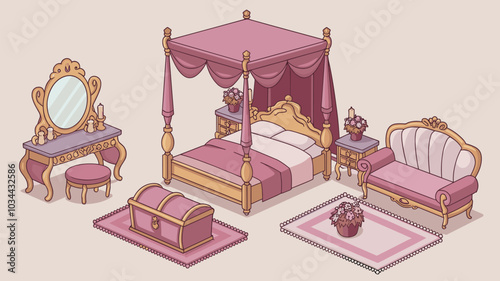 Luxury furniture for royal bedroom. Vector cartoon set of vintage princess room interior with canopy bed, dressing table, mirror in gold frame, couch, chest, candles and flowers