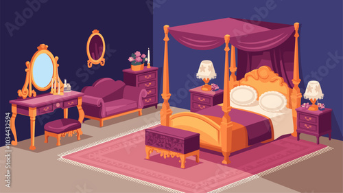 Luxury furniture for royal bedroom. Vector cartoon set of vintage princess room interior with canopy bed, dressing table, mirror in gold frame, couch, chest, candles and flowers