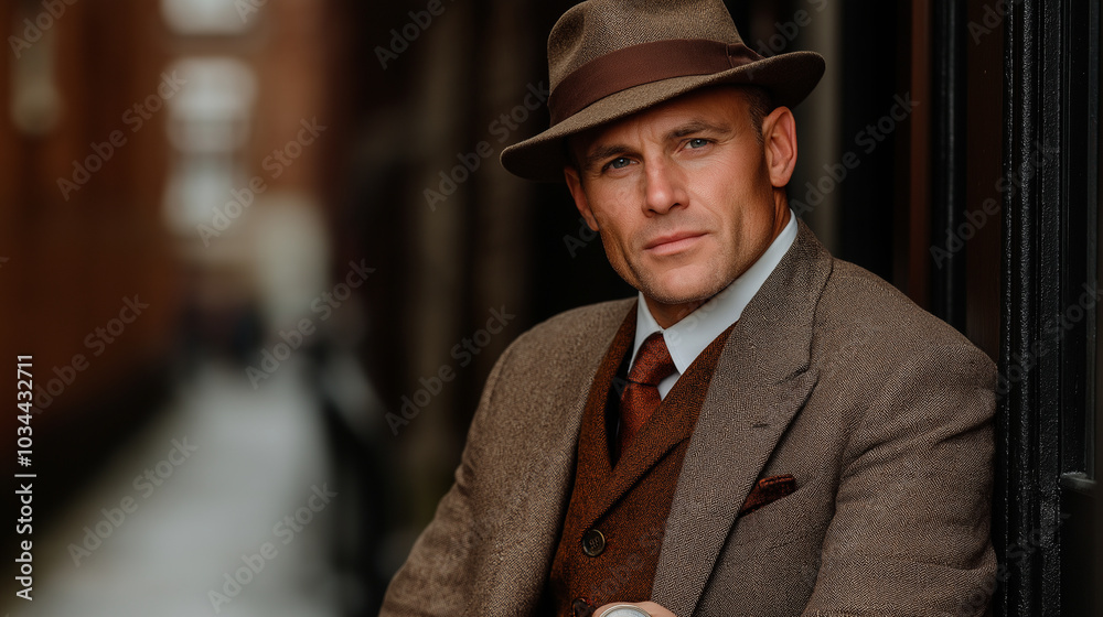 A dynamic image of a man in his thirties, dressed in a classic 1920s three-piece suit with a tailored vest and pocket watch, wearing a vintage hat. His outfit is sharp and well-fit A dynamic image of a man in his thirties, dressed in a classic 1920s three-piece suit with a tailored vest and pocket watch, wearing a vintage hat. His outfit is sharp and well-fit