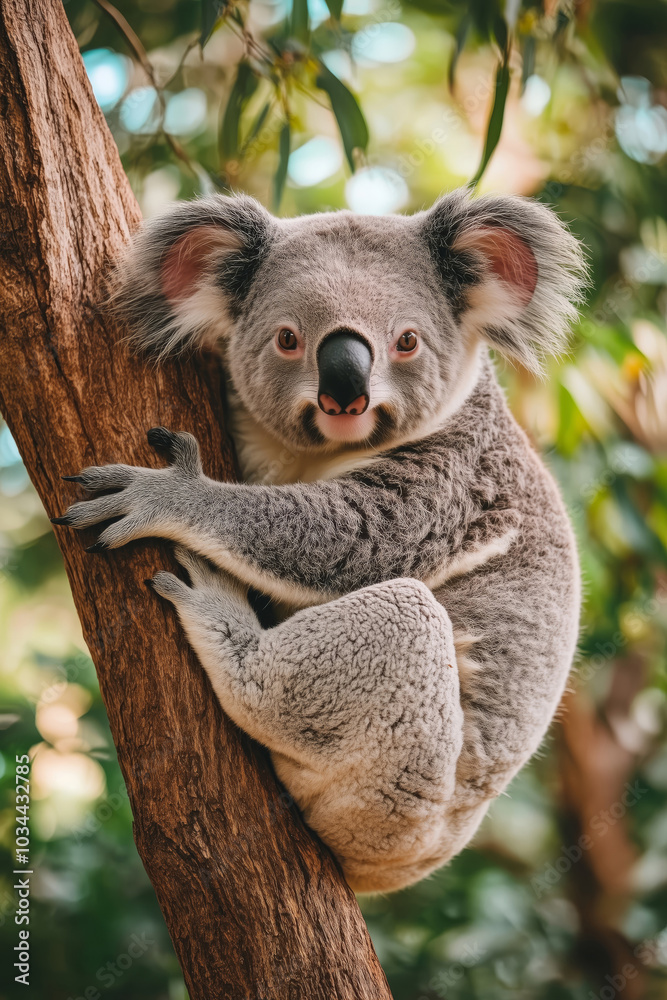 Obraz premium Close-up of a gray koala sitting on a tree