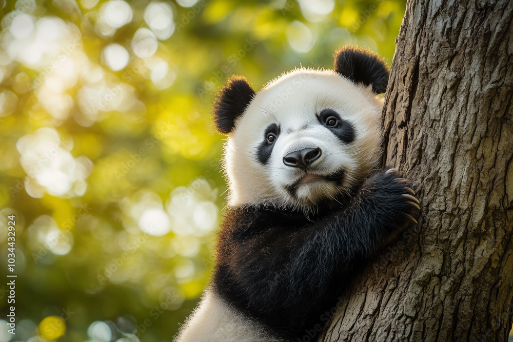 Obraz premium Close-up of a cute panda bear sitting on a tree