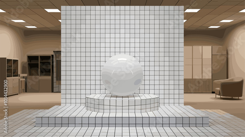 3d white kitchen tile podium platform background. Perspective product display studio with pedestal scene and shadow. Abstract realistic clean bath room ceramic showcase for presentation and mockup