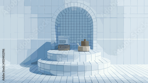 3d white kitchen tile podium platform background. Perspective product display studio with pedestal scene and shadow. Abstract realistic clean bath room ceramic showcase for presentation and mockup