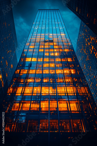 Wallpaper Mural A towering glass building reflects a moody blue sky, illuminated by warm orange lights, creating a striking contrast in this urban scene. Torontodigital.ca