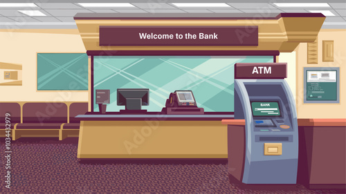 Bank office interior furniture with atm and counter cartoon set. Waiting hall clipart for financial department. Cash register table with monitor. Indoor bench for lounge in insurance business center