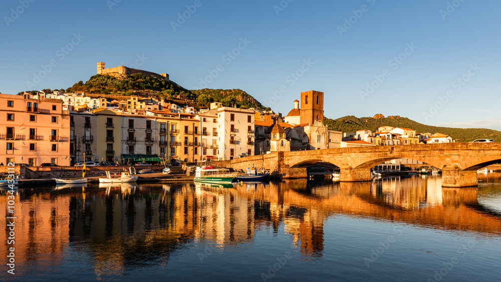 Beautiful view of the town of Bosa at golden hour, island of Sardinia, Italy. Beautiful view of the town of Bosa at golden hour, island of Sardinia, Italy.