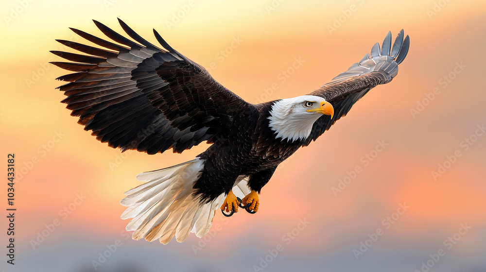 Fototapeta premium A stunning close-up of a majestic eagle in mid-flight, its wings spread wide against a vibrant sunset backdrop.