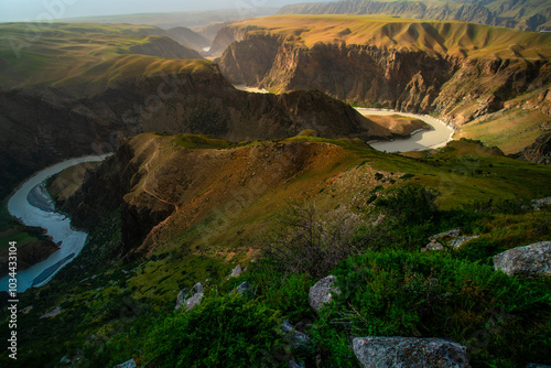 Kuokesu Grand Canyon, one of scenic areas in Kalajun Grassland which the landscape features are high gorges, flat lakes, snow-capped mountains, Tekes County, Ili Kazakh Autonomous Prefecture, Xinjiang photo