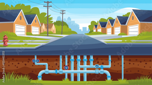 Town street with underground pipeline system. Vector cartoon illustration of suburban neighborhood, private houses, garages along road, water supply and drainage pipes under asphalt, utility services