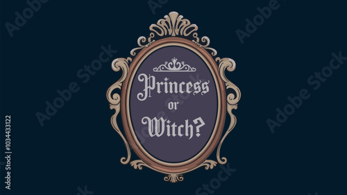Vintage magic mirror with frame cartoon game illustration. Vector ui princess or witch object for fantasy or fairytale medieval interface. Antique decorative oval asset isolated on dark background.