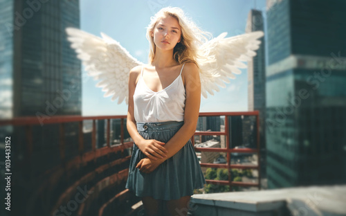 a blonde young woman, an angel on the rooftop of a skyscraper in the big city photo