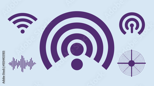 Realistic set of purple radio wave signal signs isolated on transparent background. Vector illustration of radial symbol of wifi connection, sound spread, pulse effect, vibration frequency, radar area