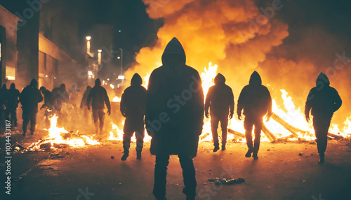a riot and riots and looting at night, at night masked criminals roam the city and streets and rob and loot, setting vehicles and objects on fire, lawless society as brutalization of social society
