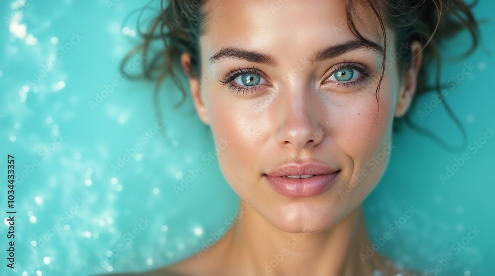 Peaceful portrait of a woman relaxing in turquoise water, embodying tranquility and natural beauty during a serene swim experience. Peaceful portrait of a woman relaxing in turquoise water, embodying tranquility and natural beauty during a serene swim experience.