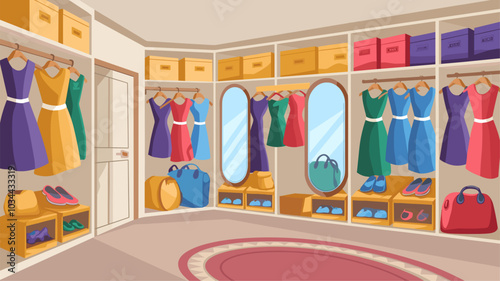 Spacious walk-in closet or dressing room full of male and female clothes. Dresses hang on hangers, bags and boxes with footwear on wardrobe shelves and illuminated mirrors cartoon vector illustration