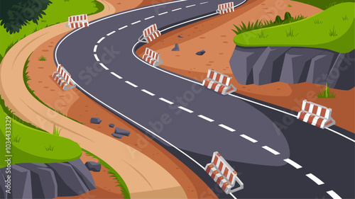 Road top view, curve way building process with asphalted or dirt parts and barriers. Windy trail with green grass and rocks around, landscape with path under construction, Cartoon vector illustration
