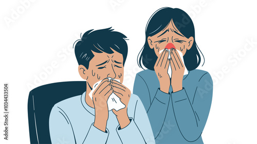 Sick people with cold, flu, headache, stomachache, allergy and throat pain. Ill man and woman characters cough and sneeze at home, vector hand drawn illustration isolated on white background