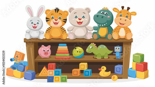 Kids toys on wooden shelf, funny plush tiger, bear, bunny, dinosaur and giraffe, piggy bank, smiling ball and robot dog. Constructor blocks, rubber duck and cubes for child playing, Cartoon vector set