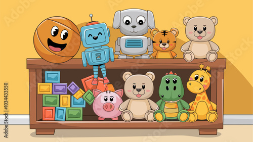 Kids toys on wooden shelf, funny plush tiger, bear, bunny, dinosaur and giraffe, piggy bank, smiling ball and robot dog. Constructor blocks, rubber duck and cubes for child playing, Cartoon vector set