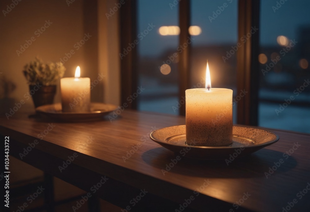 Burning candles on a wooden table with a window in the background