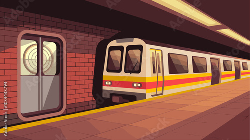 Subway door, metro train on empty station platform with tiled floor, underground carriage exterior with closed doorway and windows. Metropolitan railroad, railway. Realistic 3d vector illustration