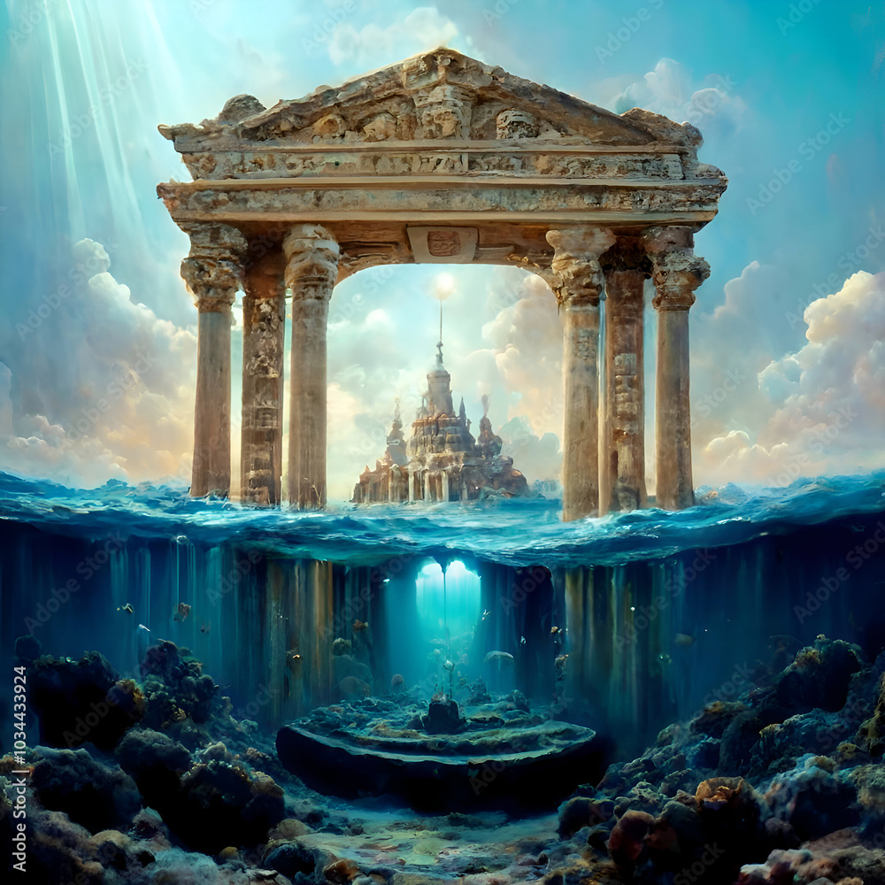Imaging Construction with columns of lost Atlantida world around ocean water. Lost ancient civilization. Digital artwork in painting style. Ai generated