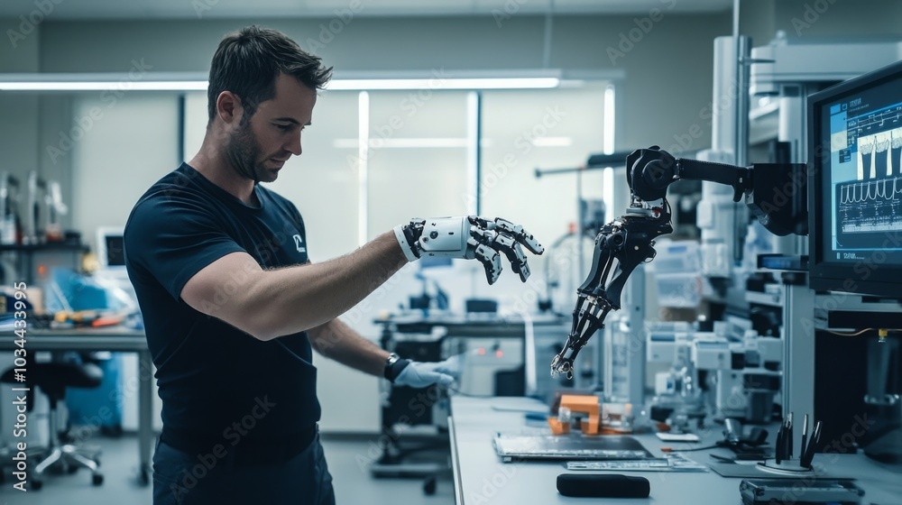 A technician is working closely with a robotic prosthetic arm in a well-equipped research laboratory