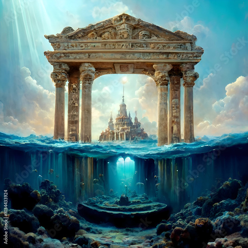 Obraz na płótnie Imaging Construction with columns of lost Atlantida world around ocean water. Lost ancient civilization. Digital artwork in painting style. Ai generated w salonie