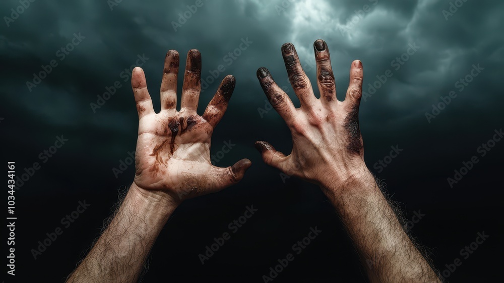 A striking image of hands raised against a dark, stormy sky, featuring dirt and grime, evoking themes of struggle and desperation. A striking image of hands raised against a dark, stormy sky, featuring dirt and grime, evoking themes of struggle and desperation.