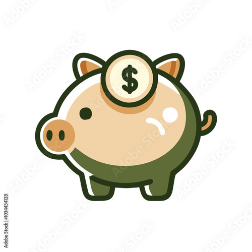 A cartoon piggy bank with a dollar sign on top. The piggy bank is green and yellow