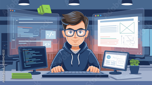 Web development concept with programmer engineering and coding website on augmented reality interface screens. Developer engineer programming project software or app design Cartoon vector illustration
