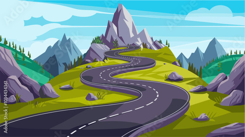 Top view of mountain serpentine, winding car road. Vector cartoon horizontal illustration of aerial panoramic view of summer landscape with curve asphalt highway, stones and green grass