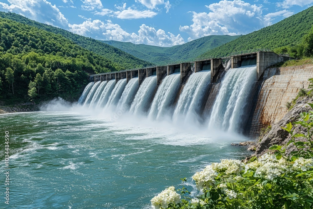 Concrete Dam with Multiple Waterfalls Flowing into a Green River Concrete Dam with Multiple Waterfalls Flowing into a Green River