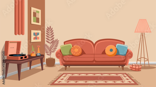Retro style living room interior design. Vector cartoon illustration of light 80s apartment furnished with vintage couch, color cushions, floor lamp, old vinyl record player on wooden table. Cozy home
