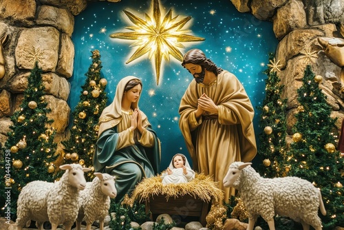 Nativity scene depicting the birth of jesus christ with mary and joseph praying