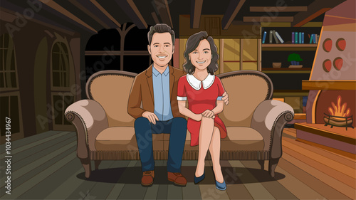 Couple reading in home living room with fireplace cartoon vector background. House interior with vintage couch and armchair. Girl and man sitting inside rustic chalet hotel lounge with bookshelf