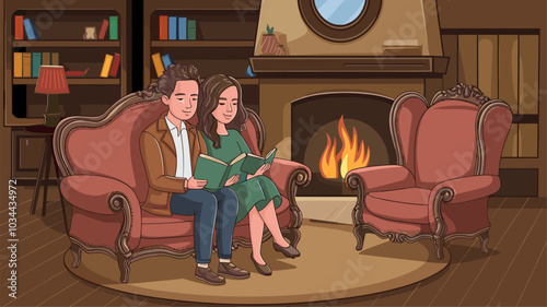 Couple reading in home living room with fireplace cartoon vector background. House interior with vintage couch and armchair. Girl and man sitting inside rustic chalet hotel lounge with bookshelf