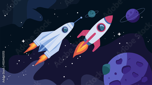 Set of space exploring landing page templates. Cartoon vector illustration of fantastic spaceship, rocket, asteroids and planets flying in dark starry galaxy. Creative educational website design